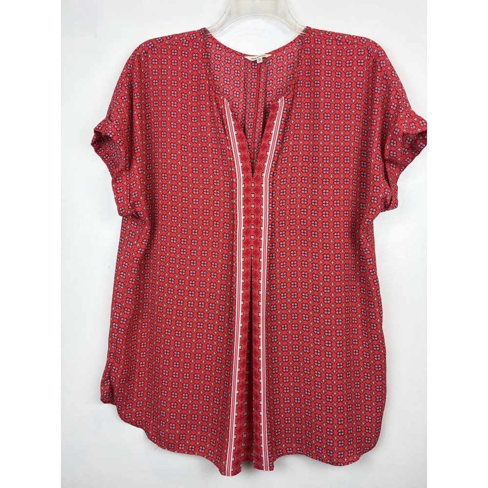 Max Studio Tunic Top Print Womens XL Red Split Neck Peasant Flowy Office Career
